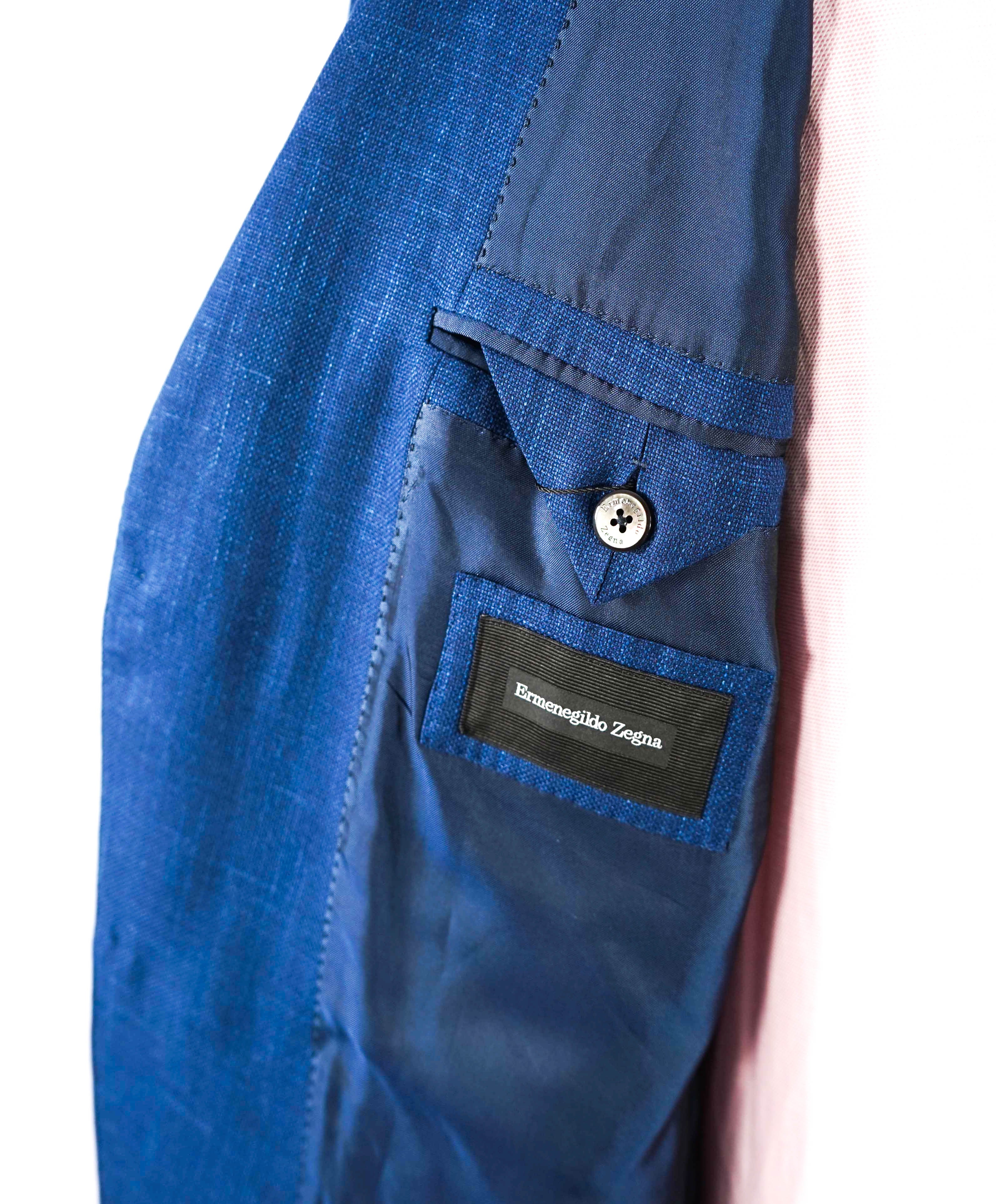 $3,295 ERMENEGILDO ZEGNA - WOOL/LINEN/SILK Blue Textured Blazer - 42R