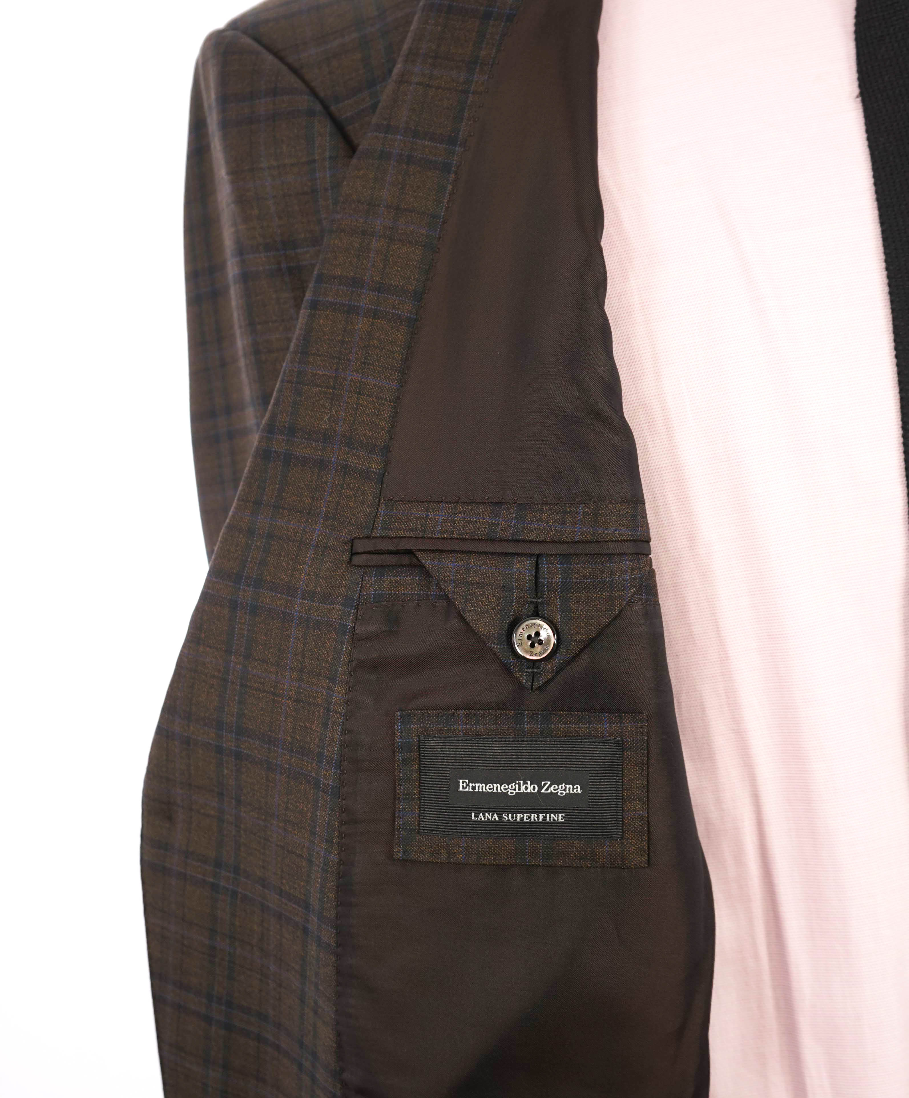 $3,290 ERMENEGILDO ZEGNA- “LANA SUPERFINE” Brown/Blue Check Blazer- 46R