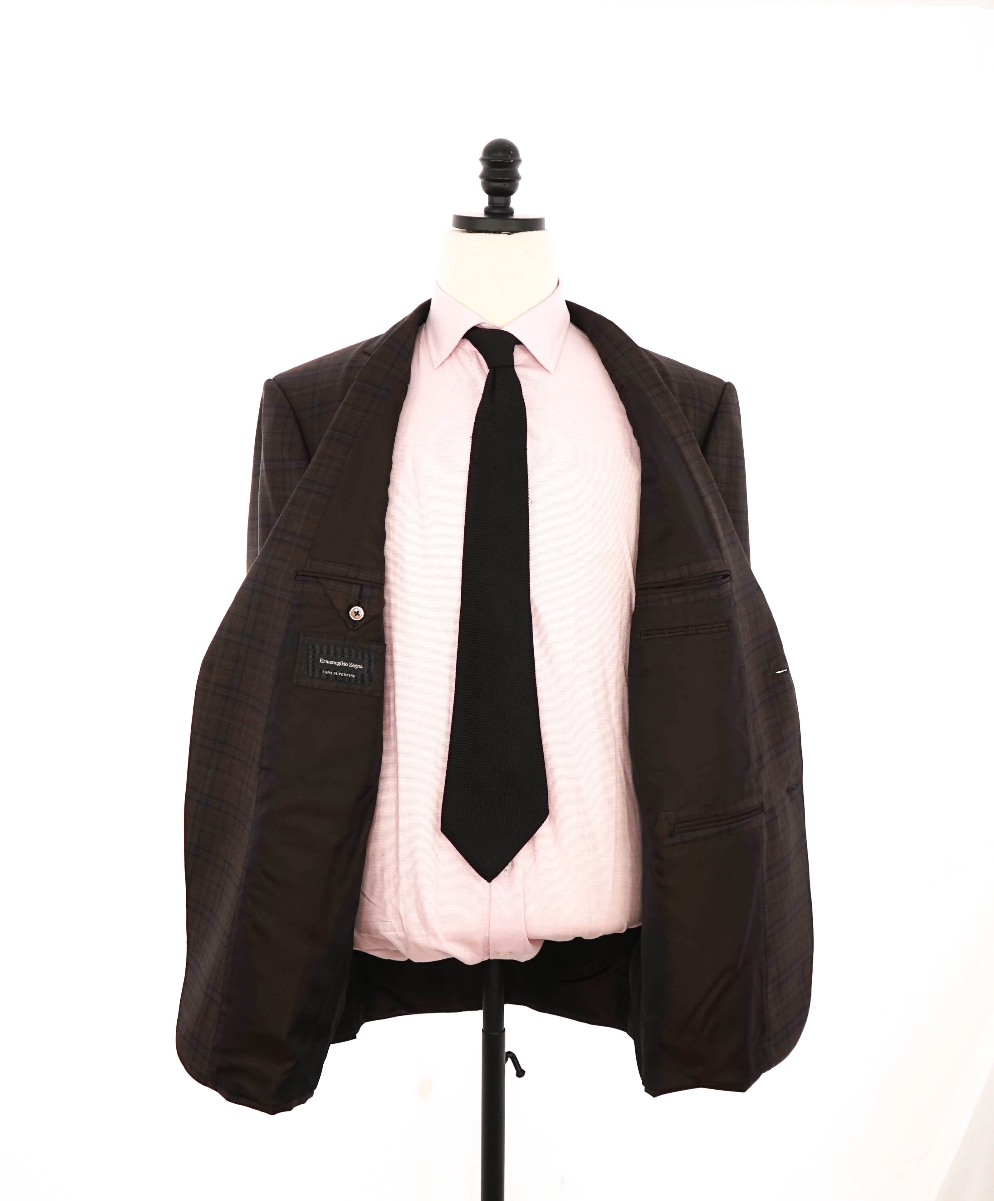 $3,290 ERMENEGILDO ZEGNA- “LANA SUPERFINE” Brown/Blue Check Blazer- 46R