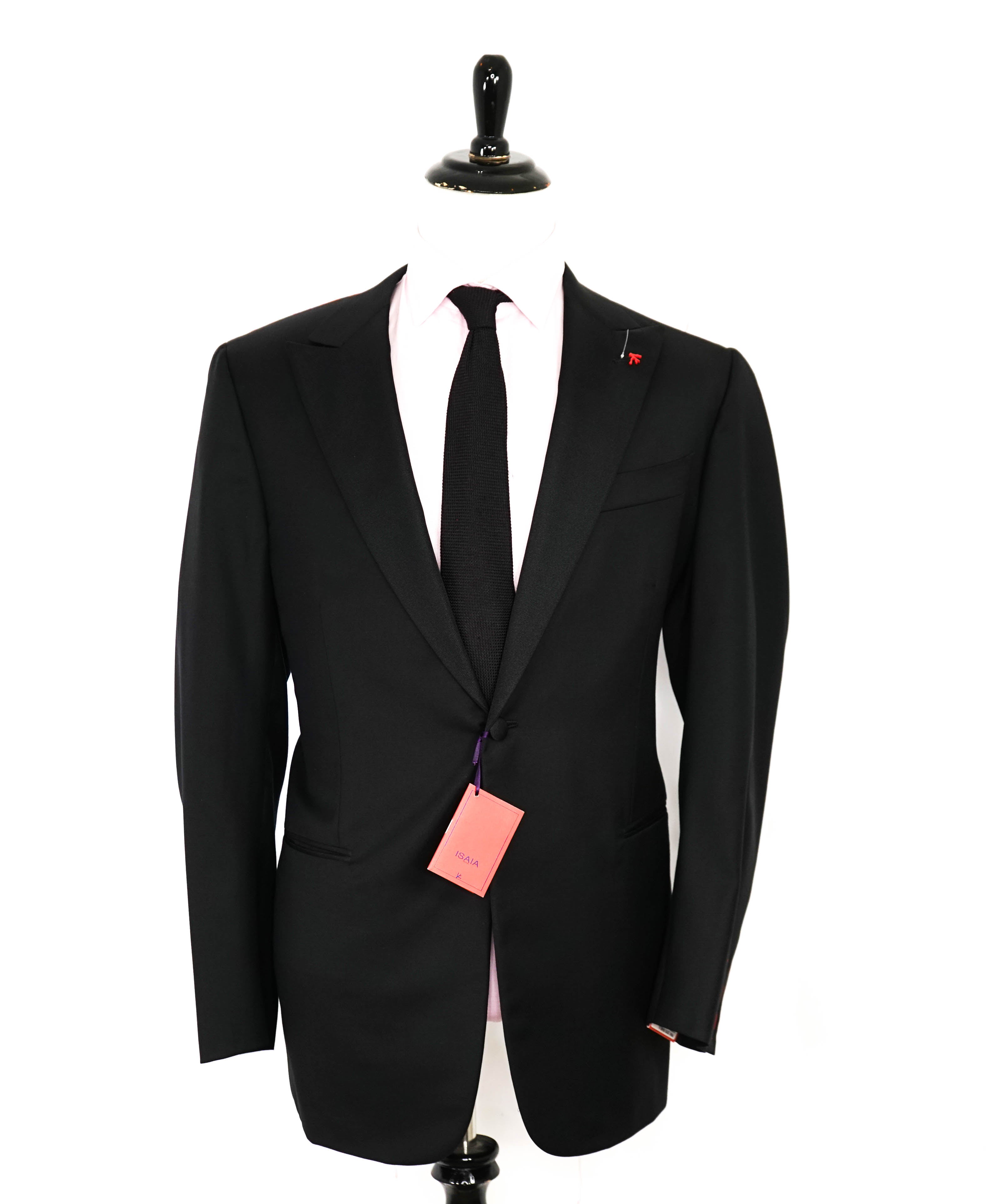 $4,595 ISAIA - "AQUASPIDER" Satin PEAK LAPEL Black Wool Tuxedo - 46L