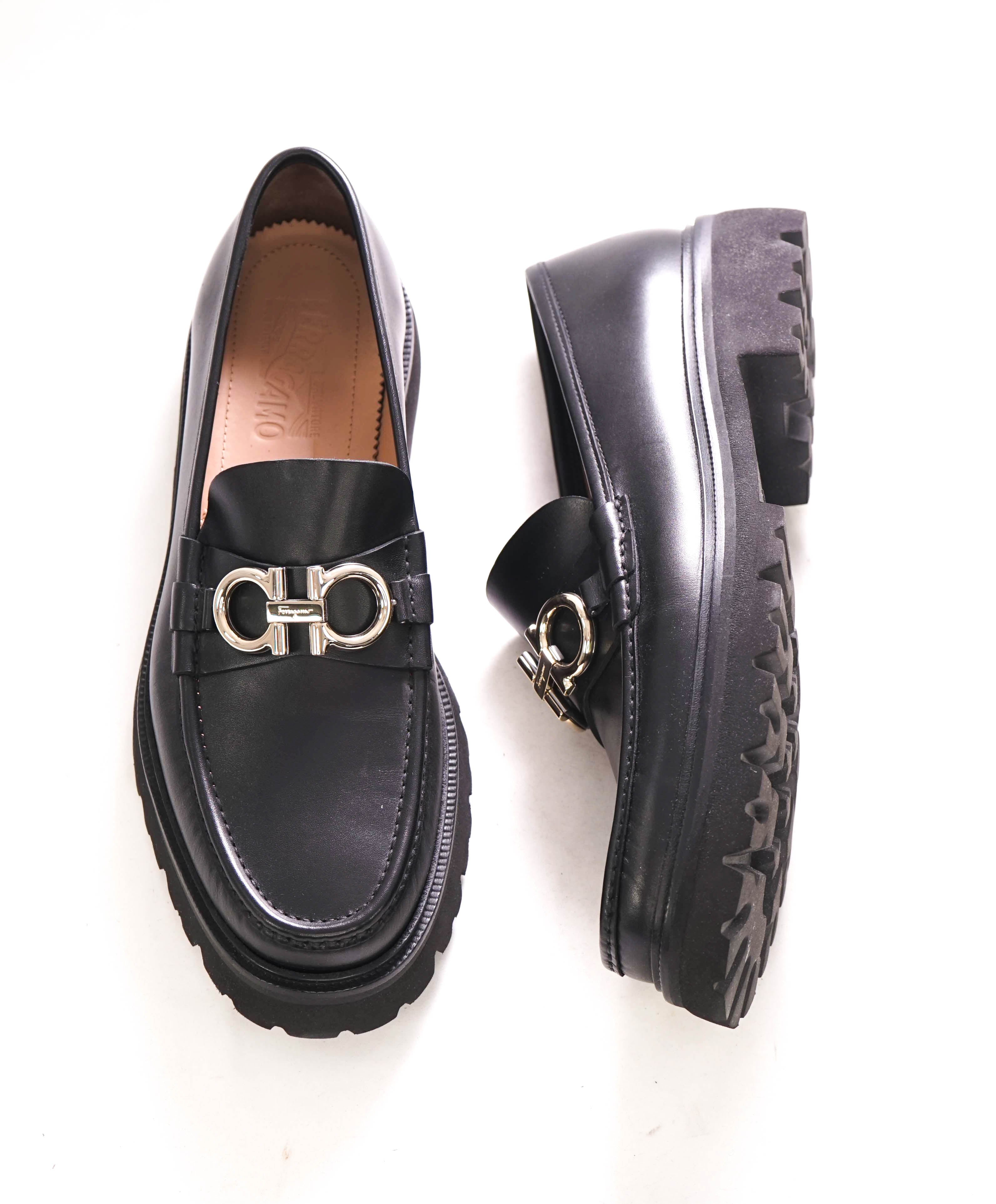 $930 SALVATORE FERRAGAMO - *BLEEKER* Black Leather Heel Lug Sole Loafer - 11.5 E US