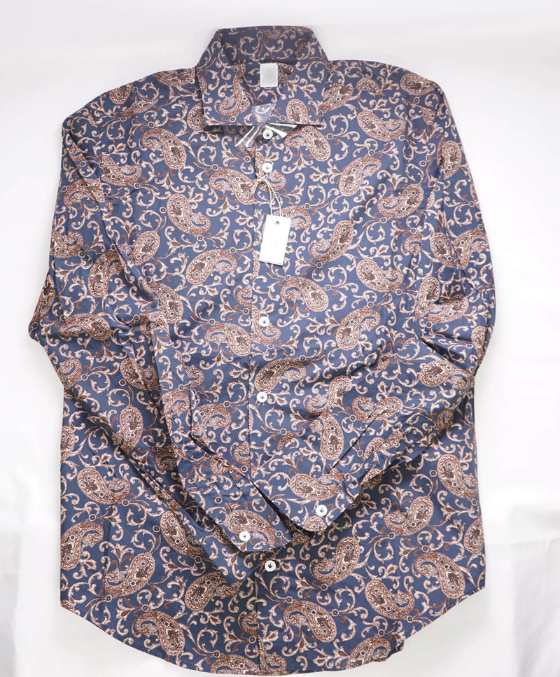 $395 ELEVENTY - Navy PAISLEY Cotton Button Front Shirt - L