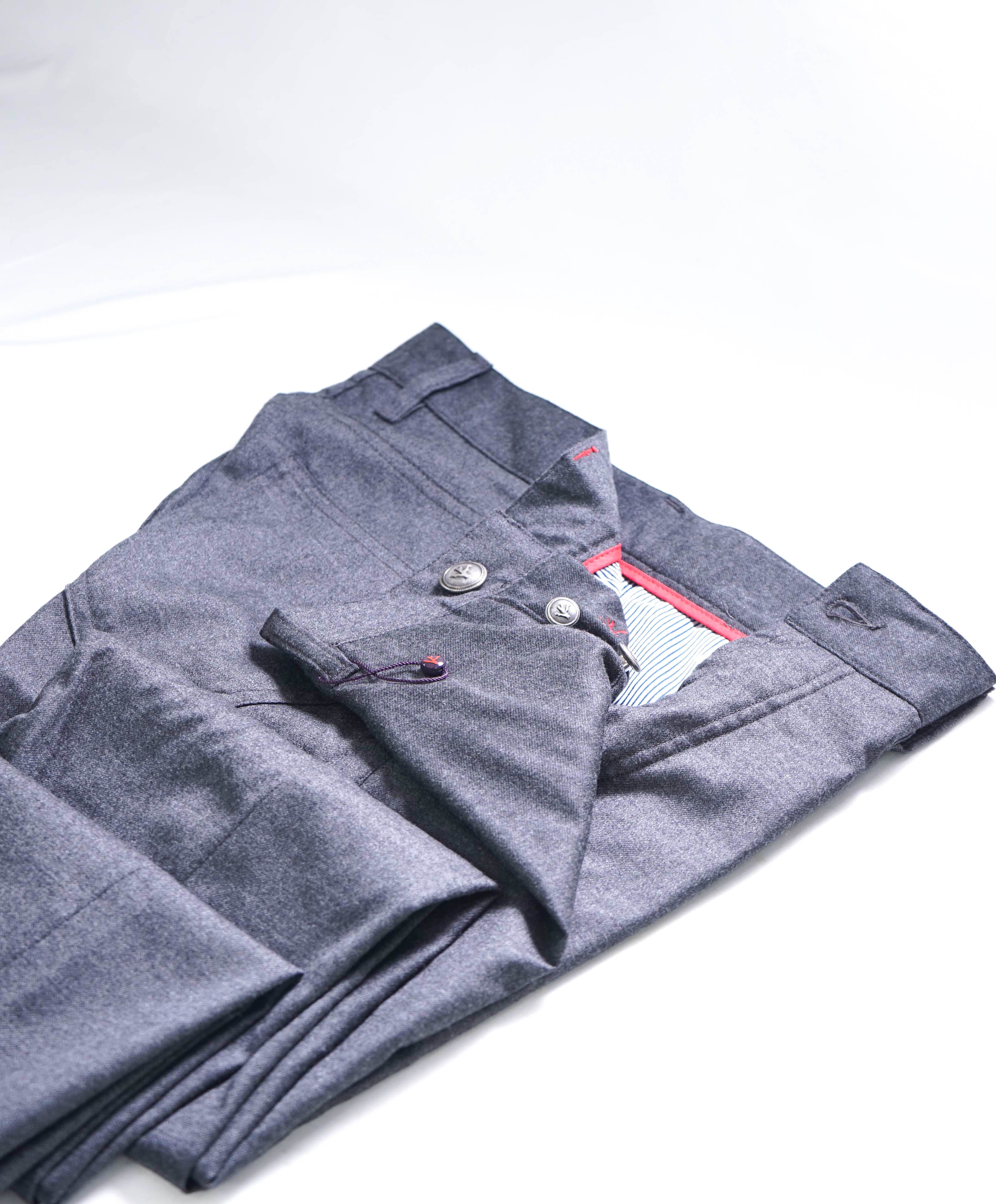 ISAIA - Gray WOOL stretch LEATHER LOGO PATCH 5-Pocket Dress Pants - 32W (48EU)