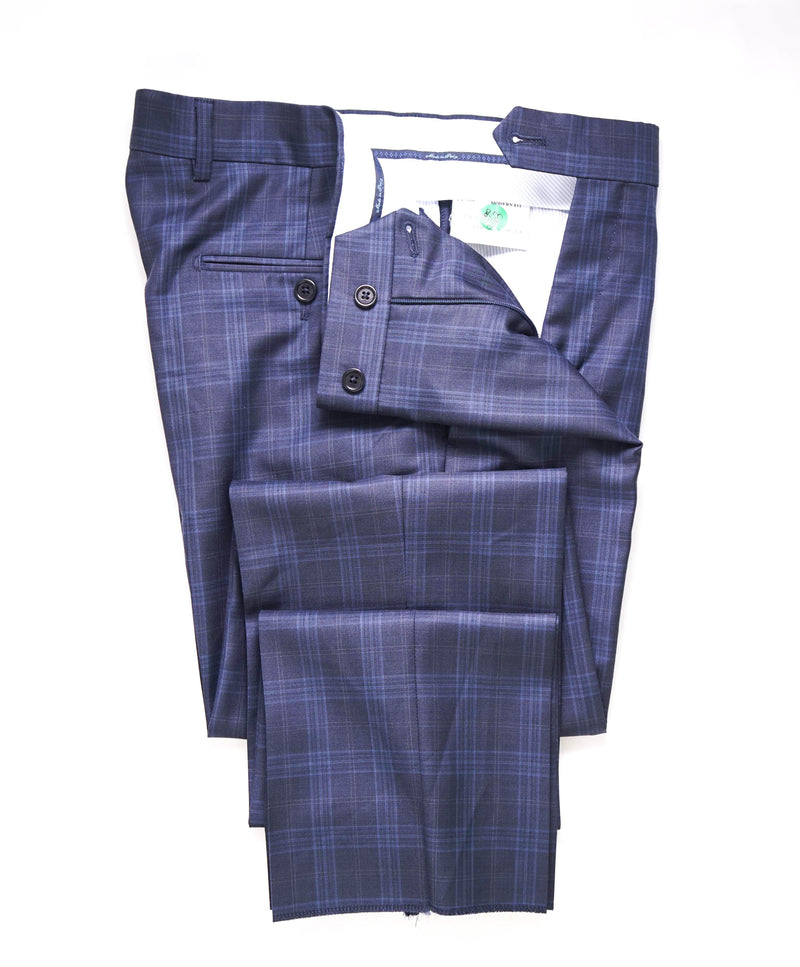SAKS FIFTH AVE - Blue Check Plaid Wool MADE IN ITALY Flat Front Dress Pants - 38W