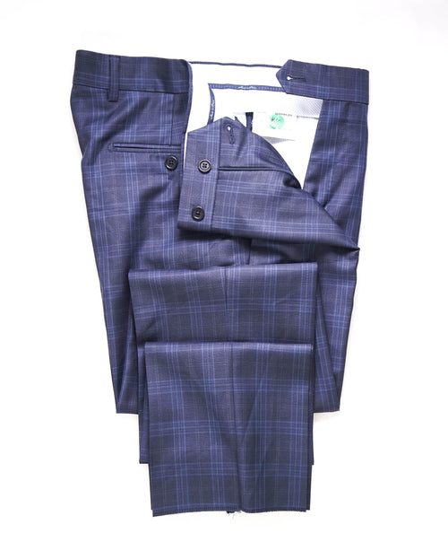 SAKS FIFTH AVE - Blue Check Plaid Wool MADE IN ITALY Flat Front Dress Pants - 32W