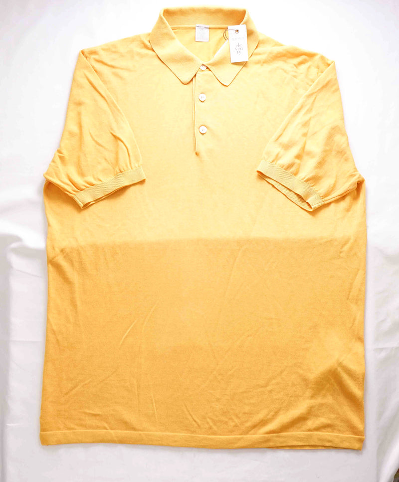 $345 ELEVENTY - Yellow Cotton MOP Button Pique Polo Shirt - Large