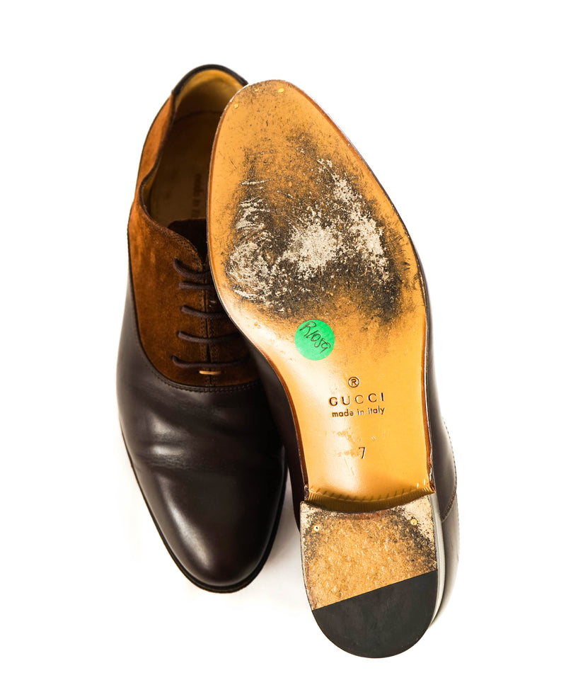 $890 GUCCI - "ADEL" Brown Mixed Leather Suede Logo Heel Oxford - 7.5US (7G)