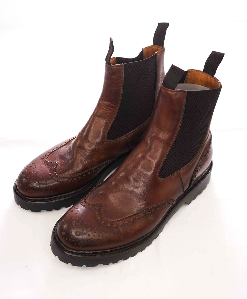 $695 ELEVENTY - Brown Brogue Leather Distressed Chelsea Boots - 8 US (41EU)