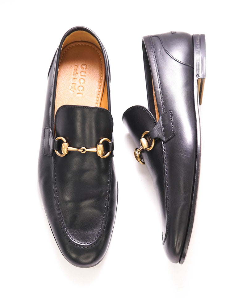 $920 GUCCI - "JORDAAN" Black/Gold ICONIC Horsebit Leather Loafers - 7.5US (7G)