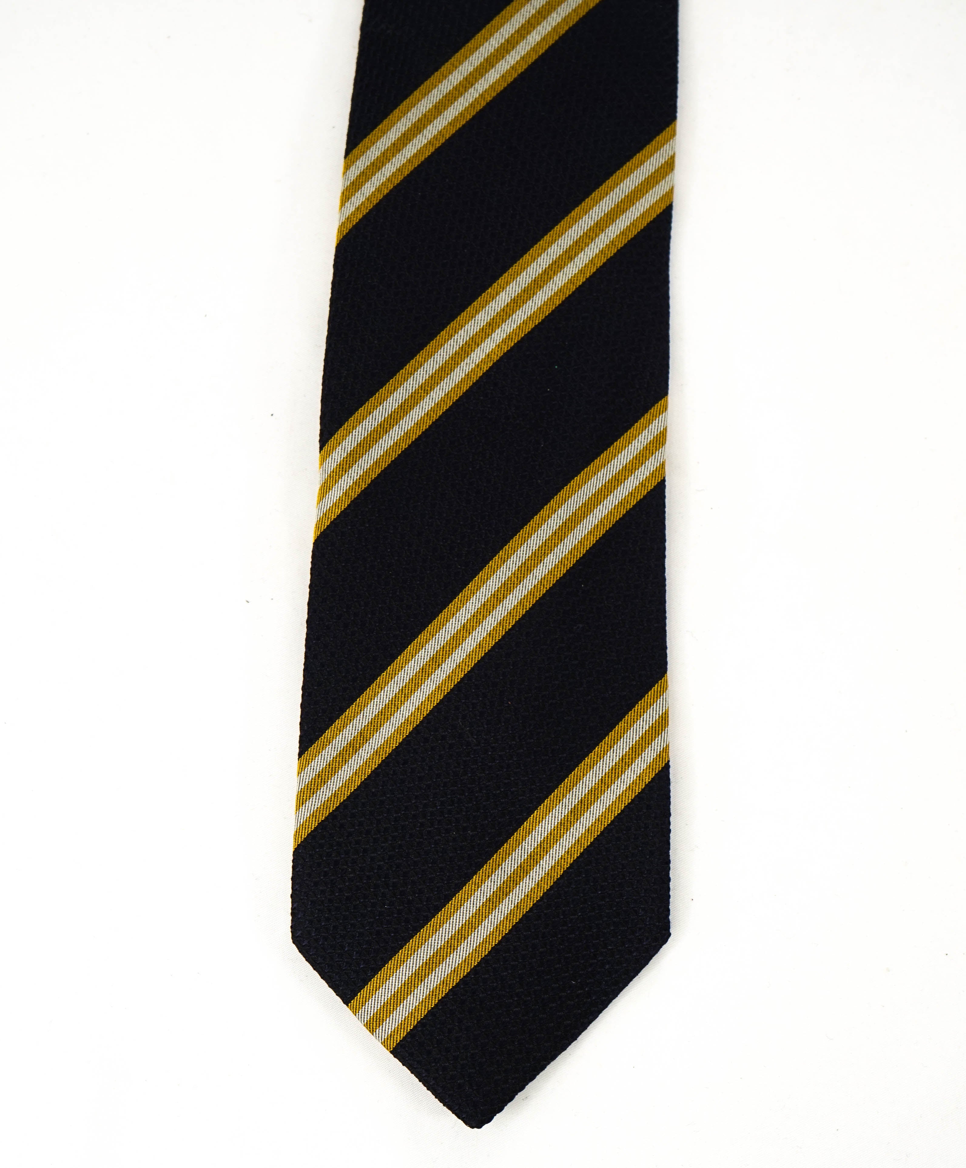 $240 DRAKE'S - Silk Navy/Yellow Oxford Weave Stripe Tie 3.25" - Tie