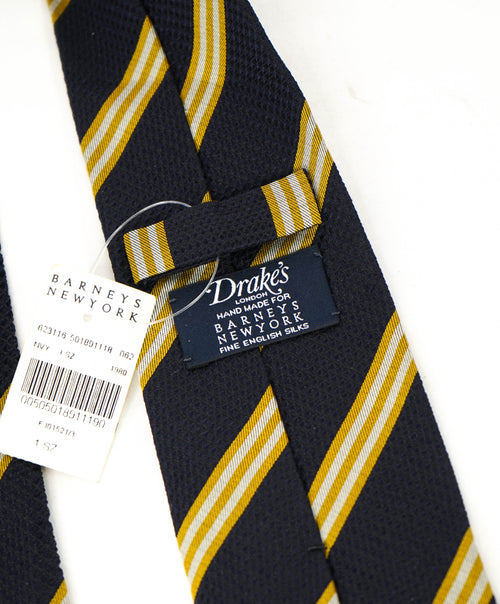 $240 DRAKE'S - Silk Navy/Yellow Oxford Weave Stripe Tie 3.25" - Tie