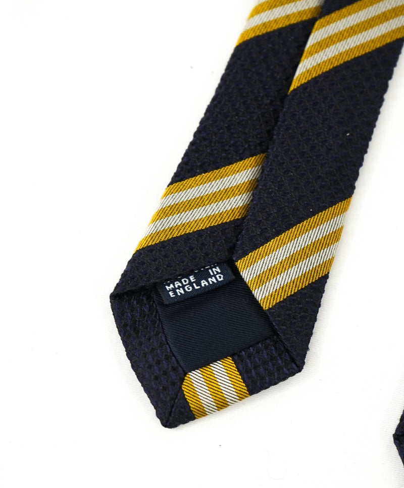 $240 DRAKE'S - Silk Navy/Yellow Oxford Weave Stripe Tie 3.25" - Tie