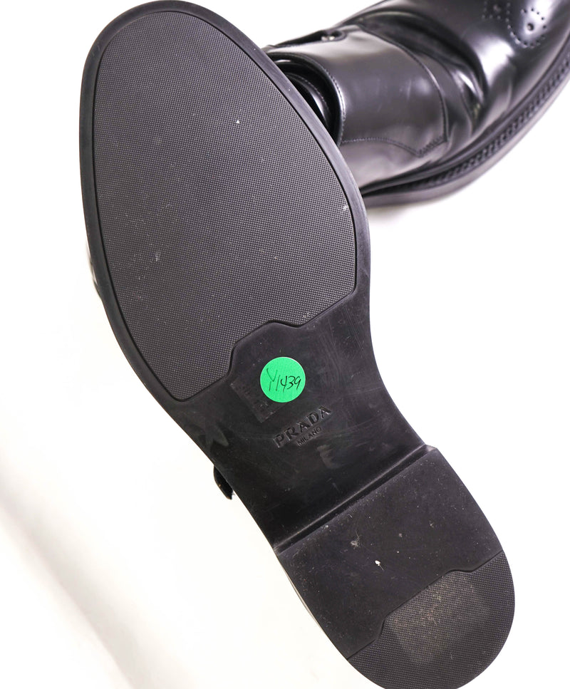 $1,150 PRADA - Black Monk Strap Brogue Leather Lug Sole Loafers - 10.5 US (9.5 Prada)