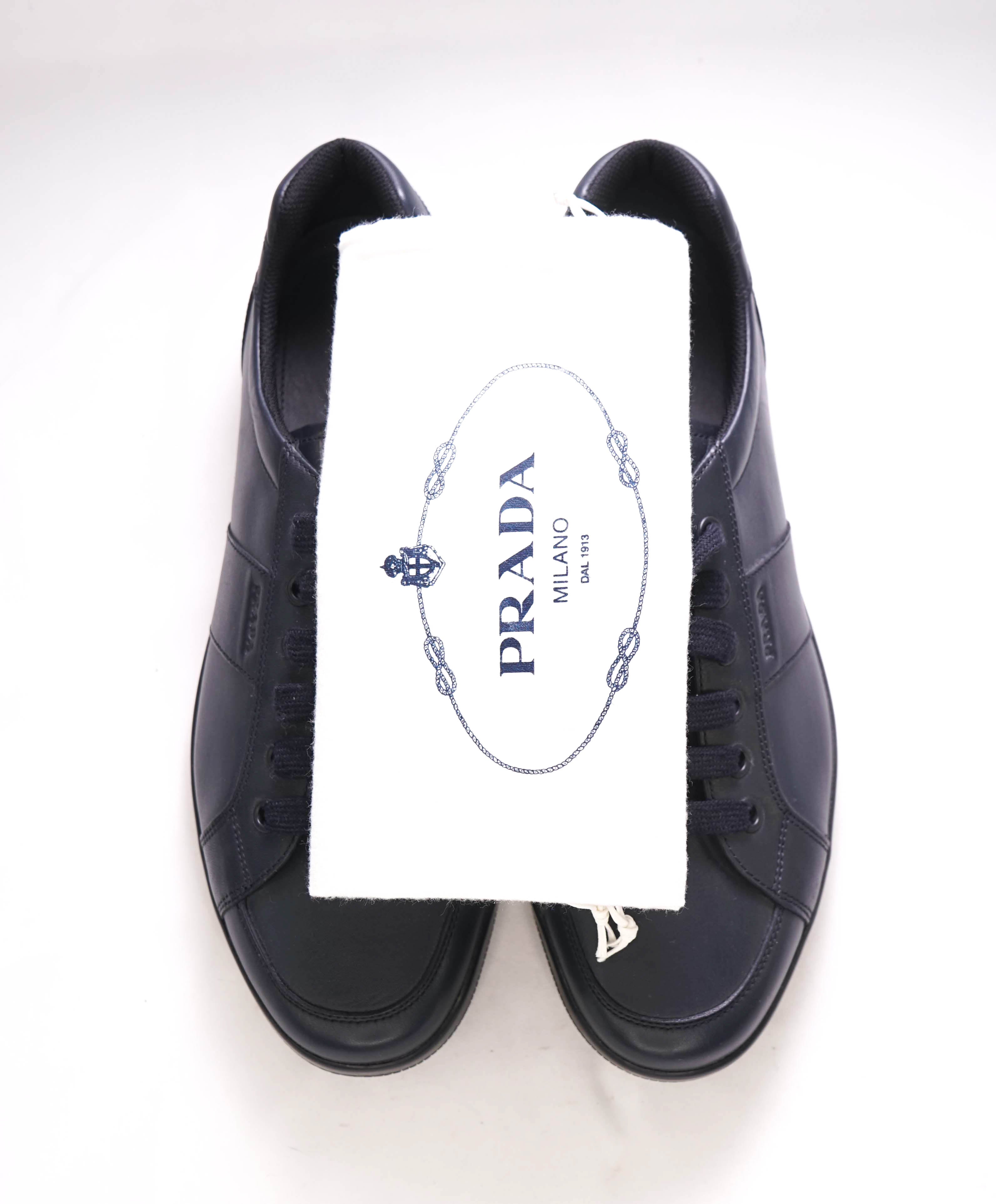 $950 PRADA - *Line Rossa* Navy Leather Sneakers With Logo Detail - 13 US (12 IT)