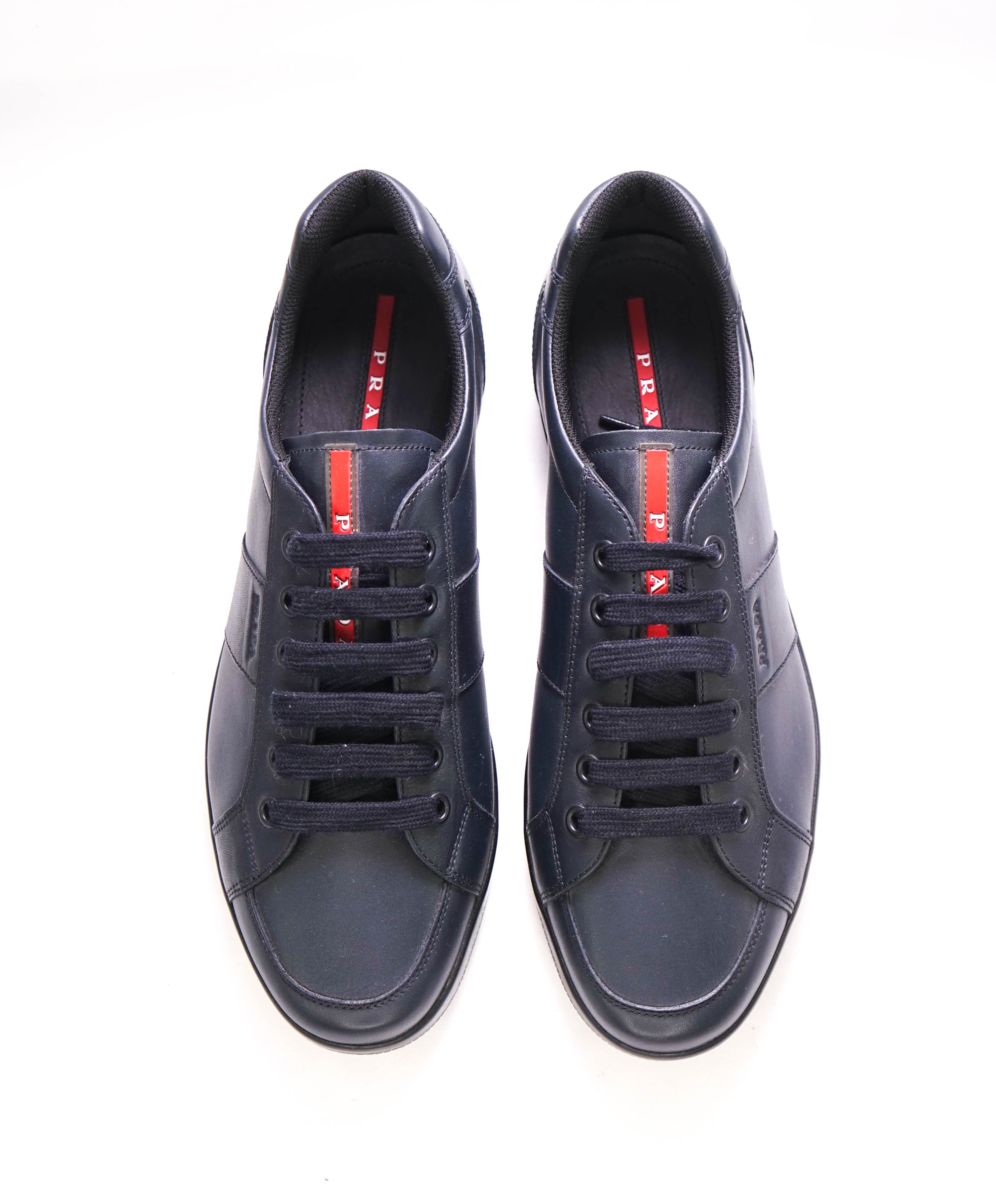 $950 PRADA - *Line Rossa* Navy Leather Sneakers With Logo Detail - 13 US (12 IT)