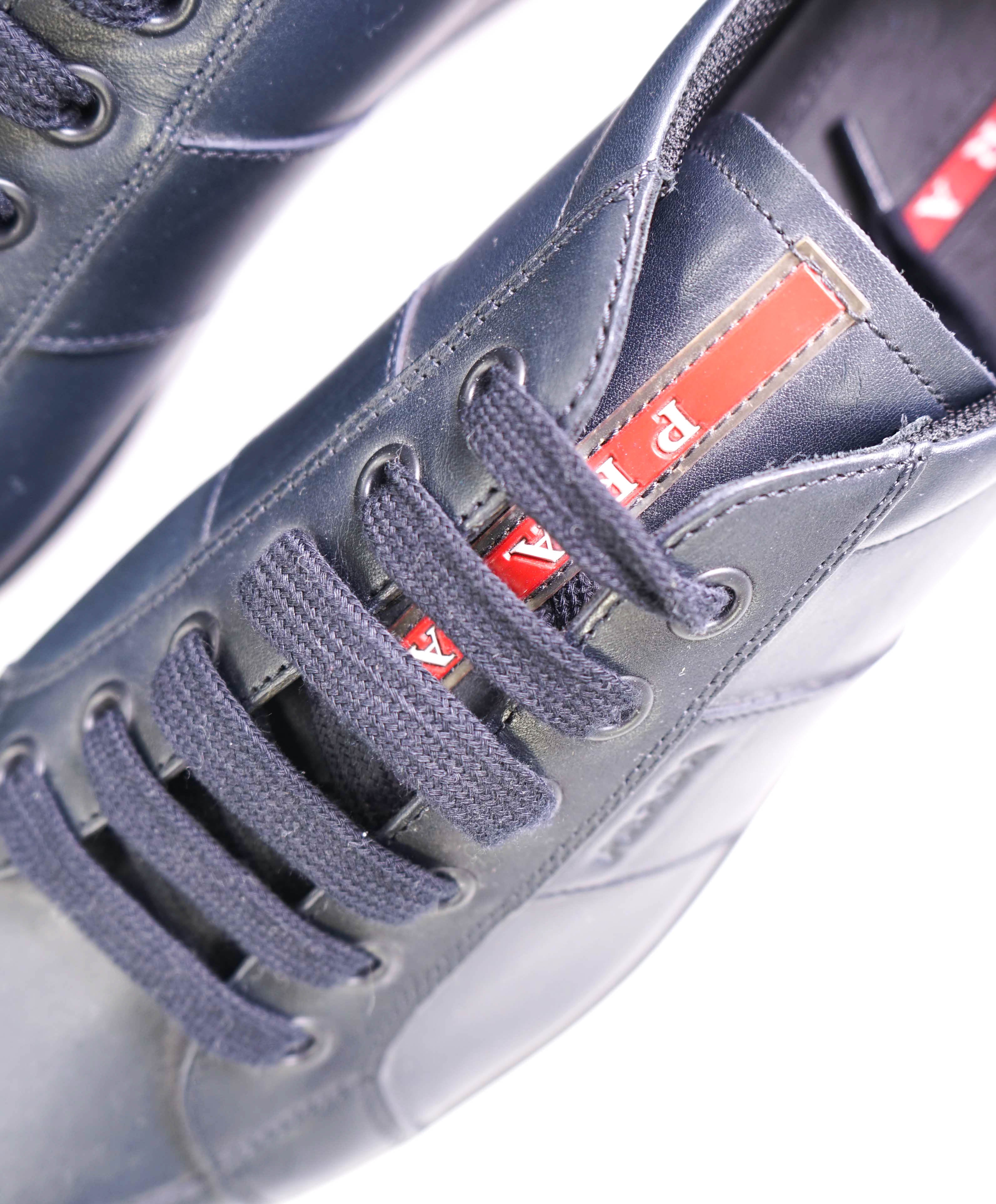 $950 PRADA - *Line Rossa* Navy Leather Sneakers With Logo Detail - 13 US (12 IT)