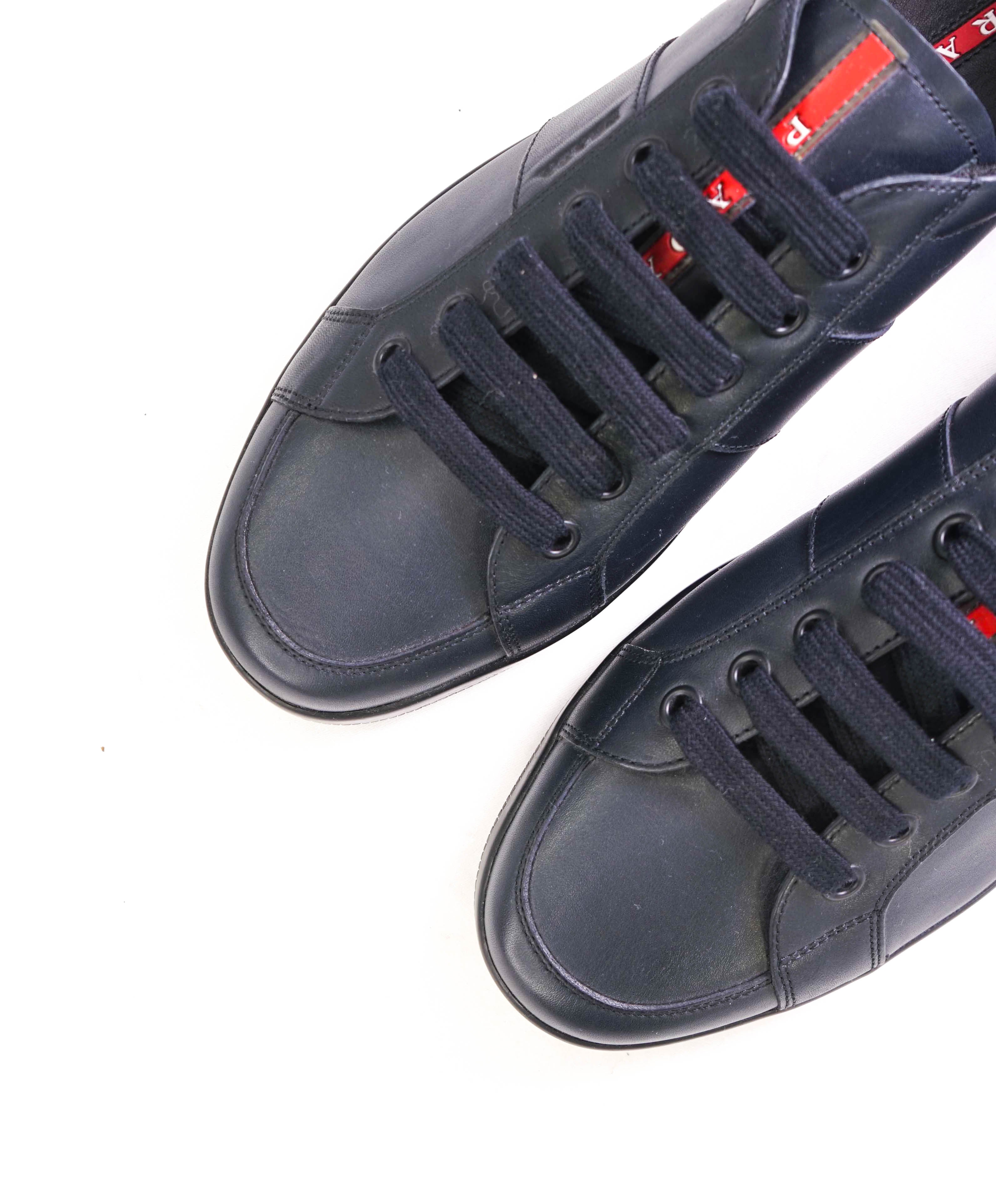$950 PRADA - *Line Rossa* Navy Leather Sneakers With Logo Detail - 13 US (12 IT)