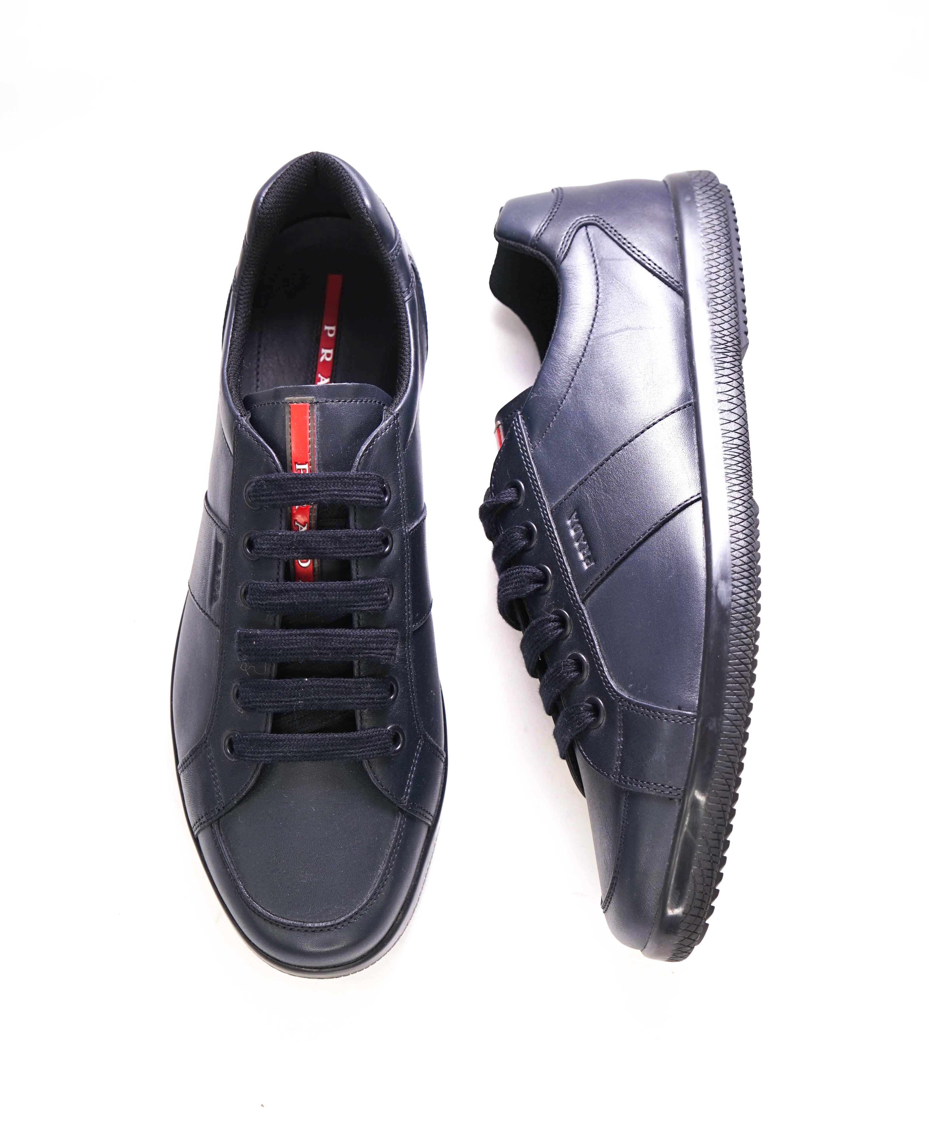 $950 PRADA - *Line Rossa* Navy Leather Sneakers With Logo Detail - 13 US (12 IT)
