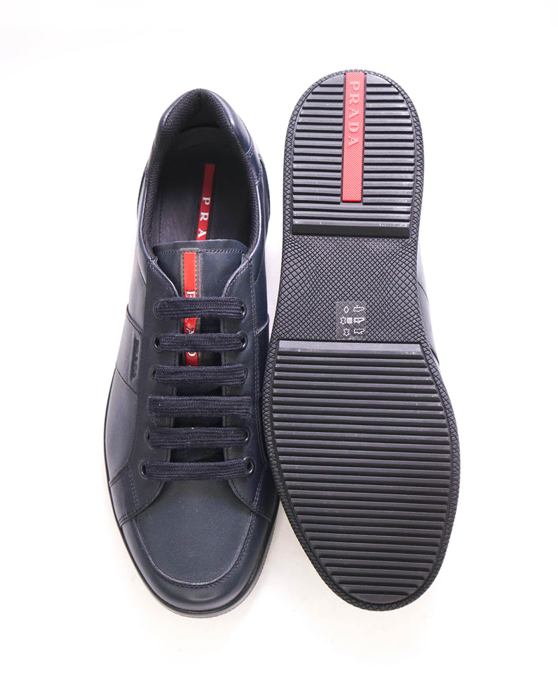 $950 PRADA - *Line Rossa* Navy Leather Sneakers With Logo Detail - 13 US (12 IT)