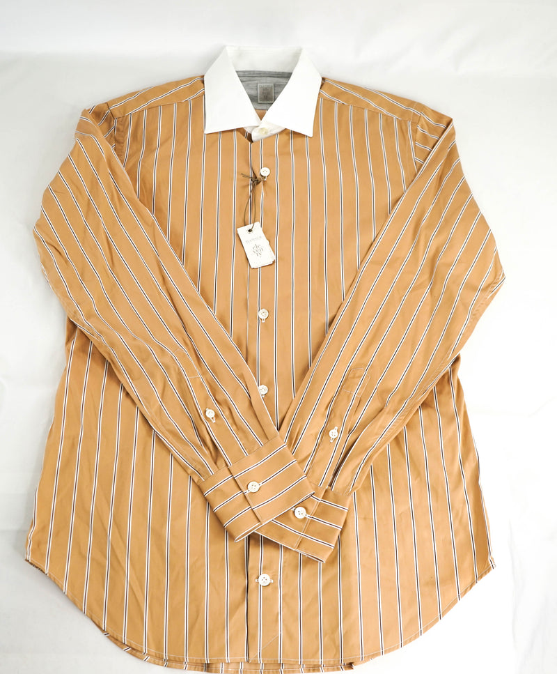 $395 ELEVENTY - Brown/White *Wide Spread Contrast Collar* Button Dress Shirt - M