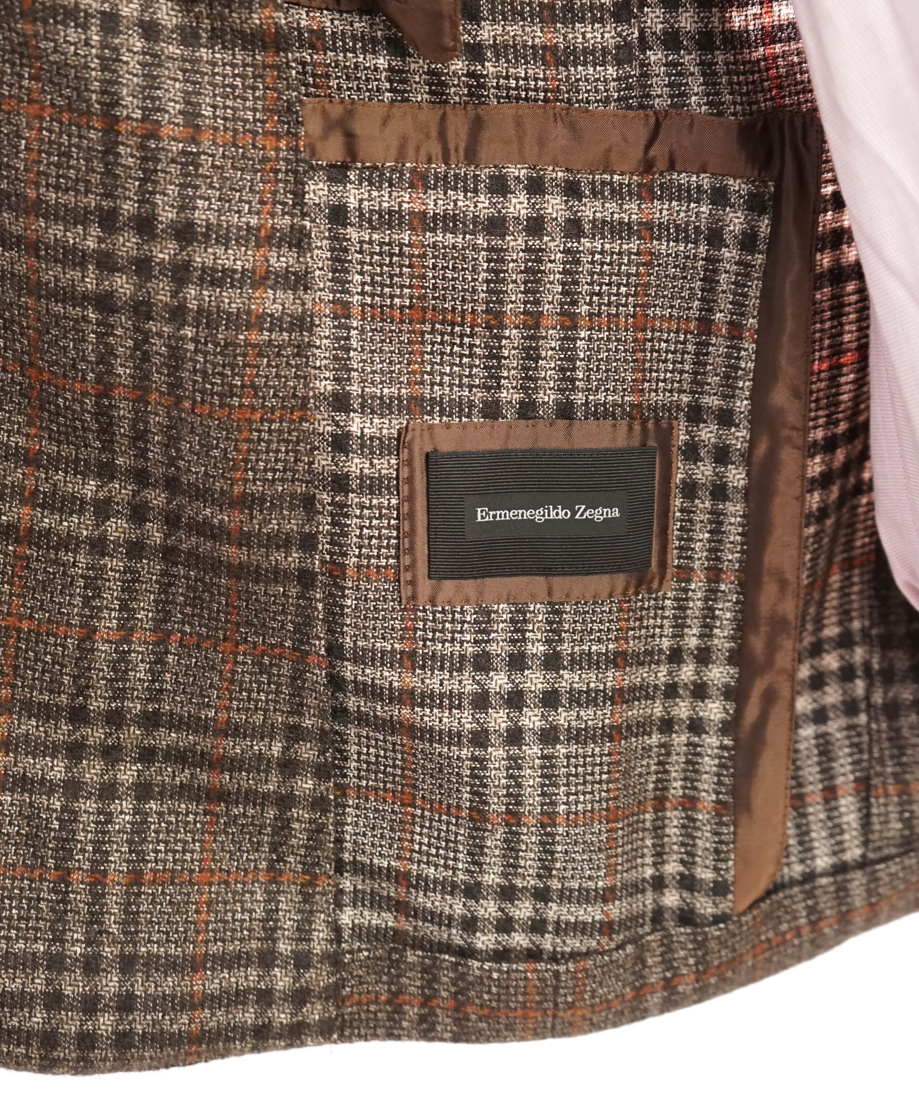 $4,650 ERMENEGILDO ZEGNA- "ZERO WEIGHT" Cashmere/Silk Brown Check Blazer- 44R
