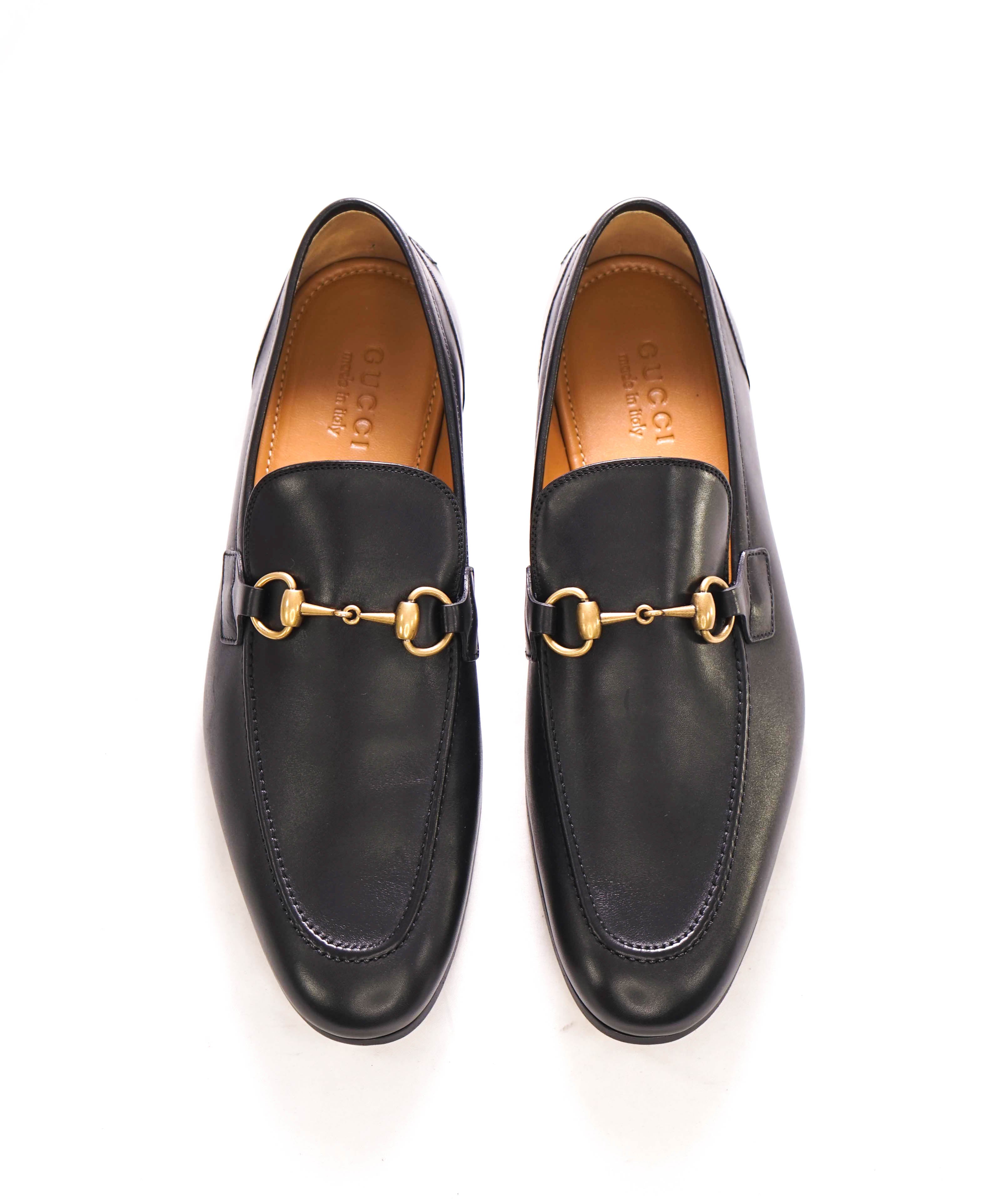 $920 GUCCI - "JORDAAN" Black/Gold ICONIC Horsebit Leather Loafers - 9.5 US (9G)