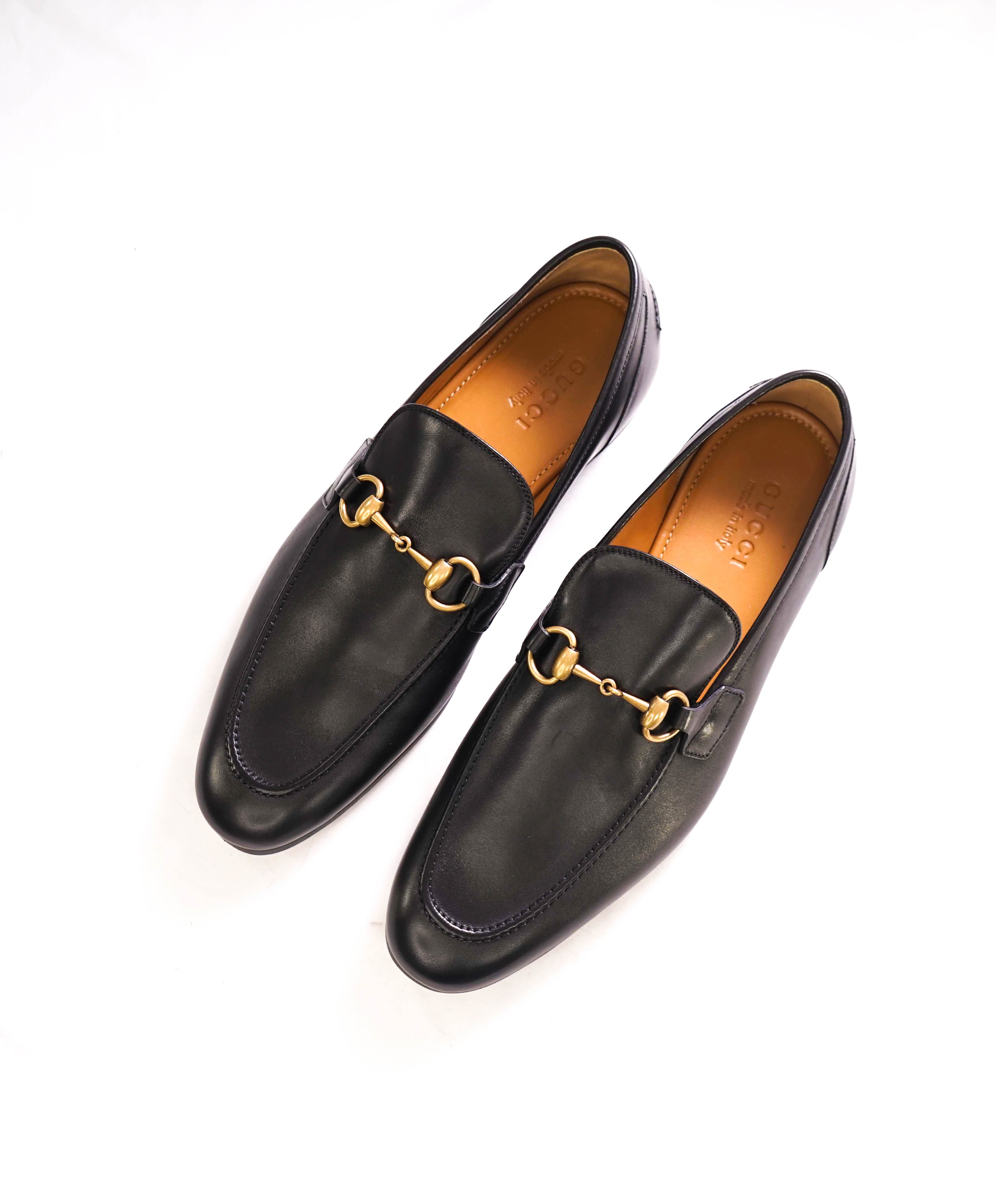 $920 GUCCI - "JORDAAN" Black/Gold ICONIC Horsebit Leather Loafers - 9.5 US (9G)
