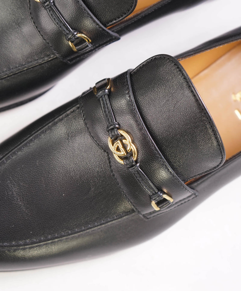 $950 GUCCI - "Interlocking G" Black GG Leather Loafers - 7.5US (7G)