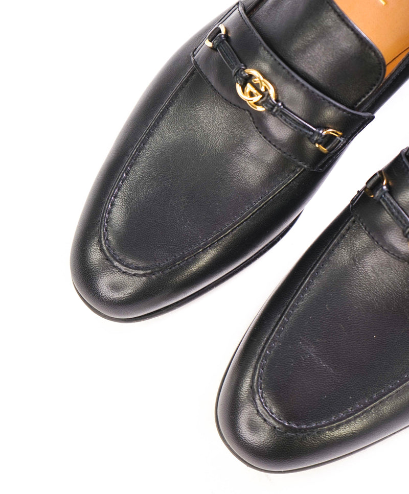 $950 GUCCI - "Interlocking G" Black GG Leather Loafers - 7.5US (7G)