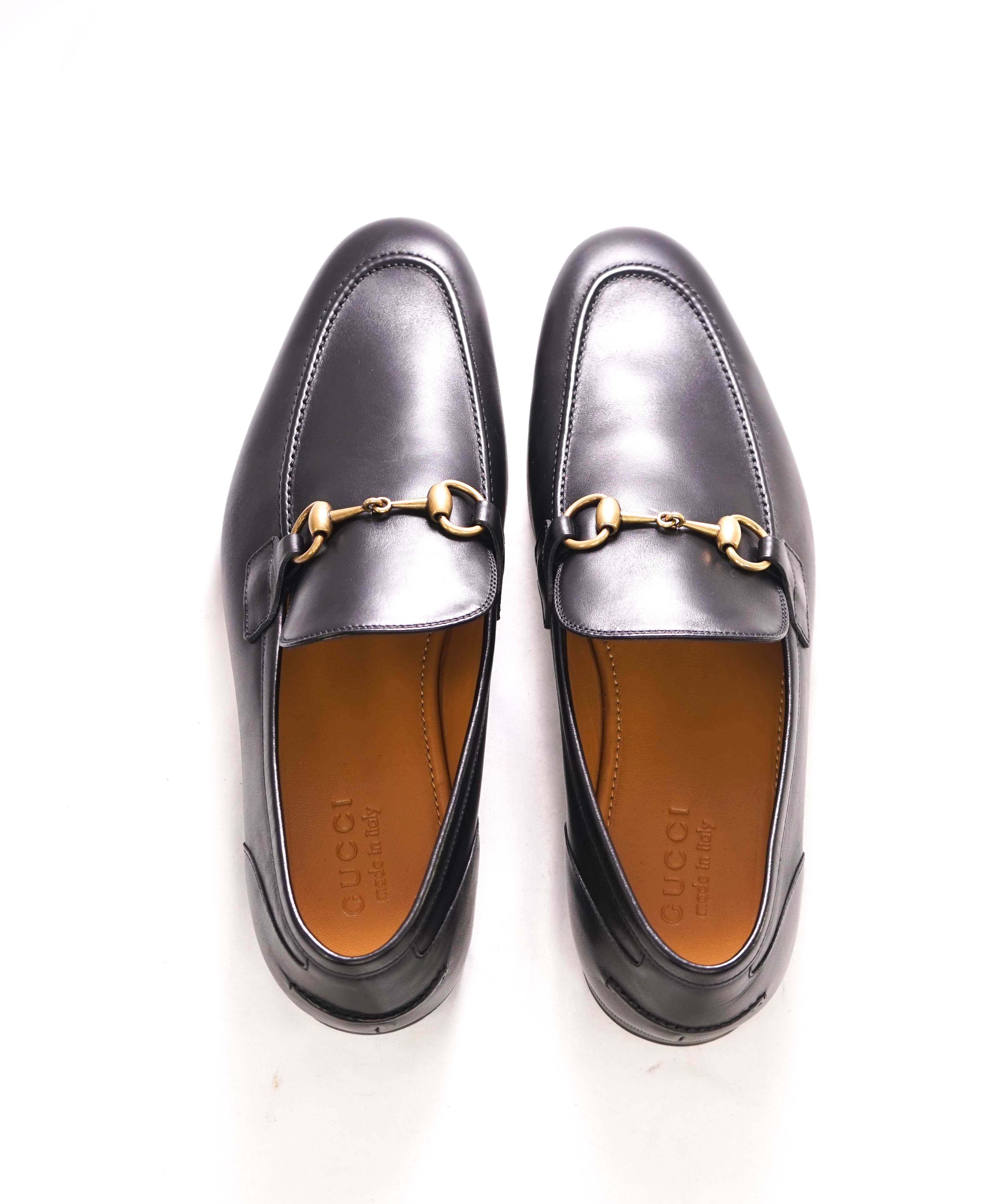 $920 GUCCI - "JORDAAN" Black/Gold ICONIC Horsebit Leather Loafers - 9.5 US (9G)