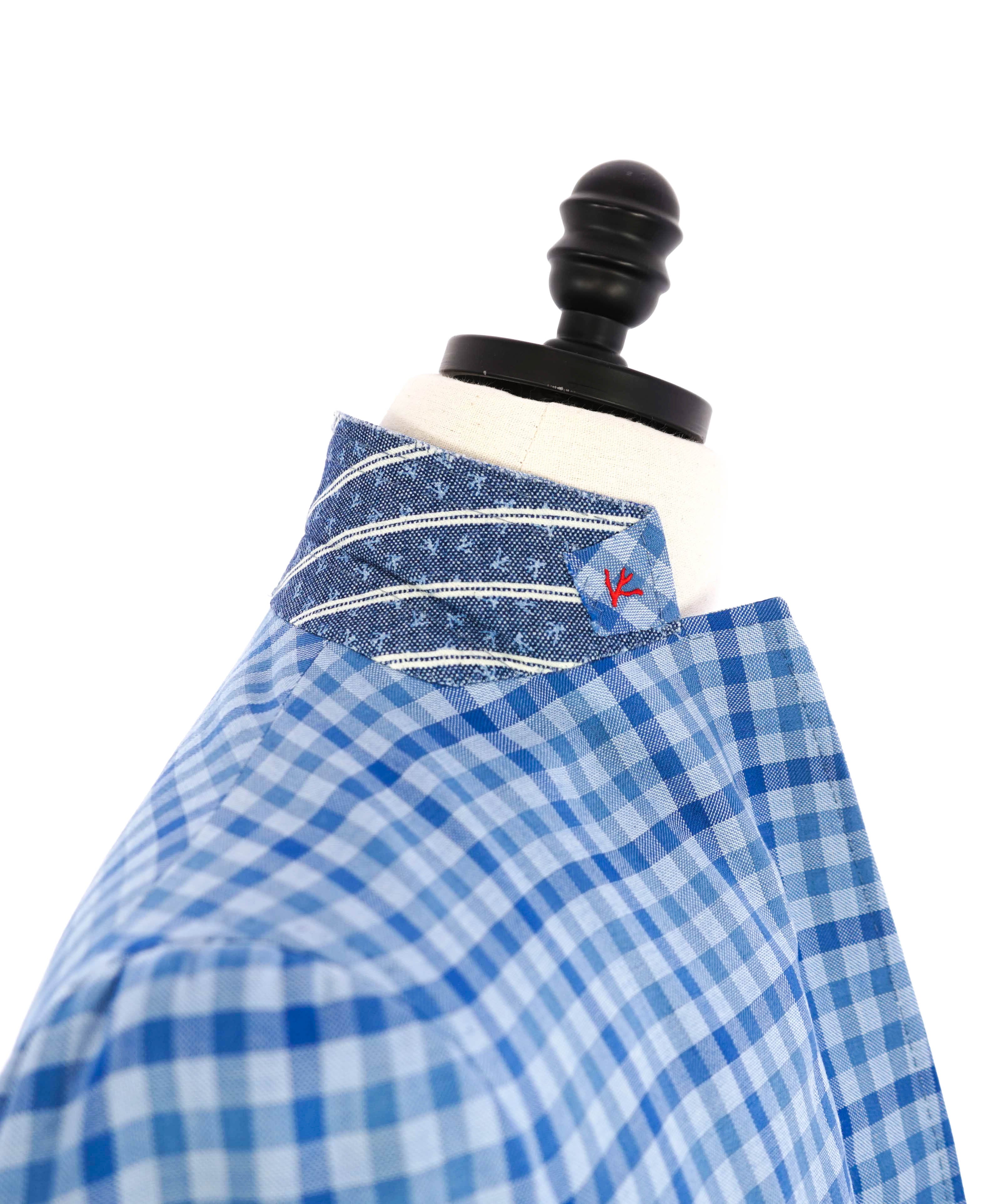 $2,995 ISAIA - Wool/Cotton Baby Blue Gingham Check MOP Blazer - 38R US (50EU)