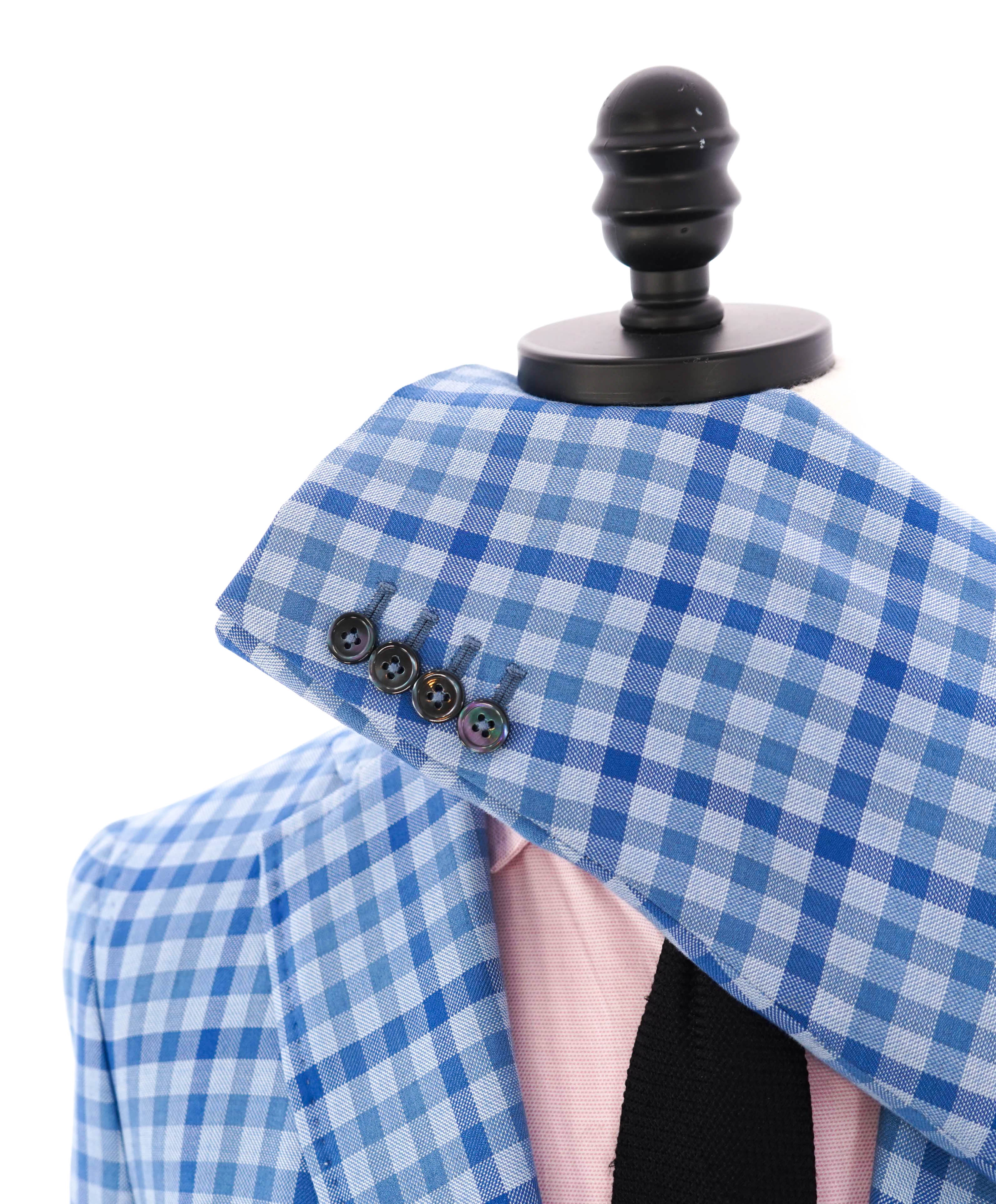 $2,995 ISAIA - Wool/Cotton Baby Blue Gingham Check MOP Blazer - 38R US (50EU)