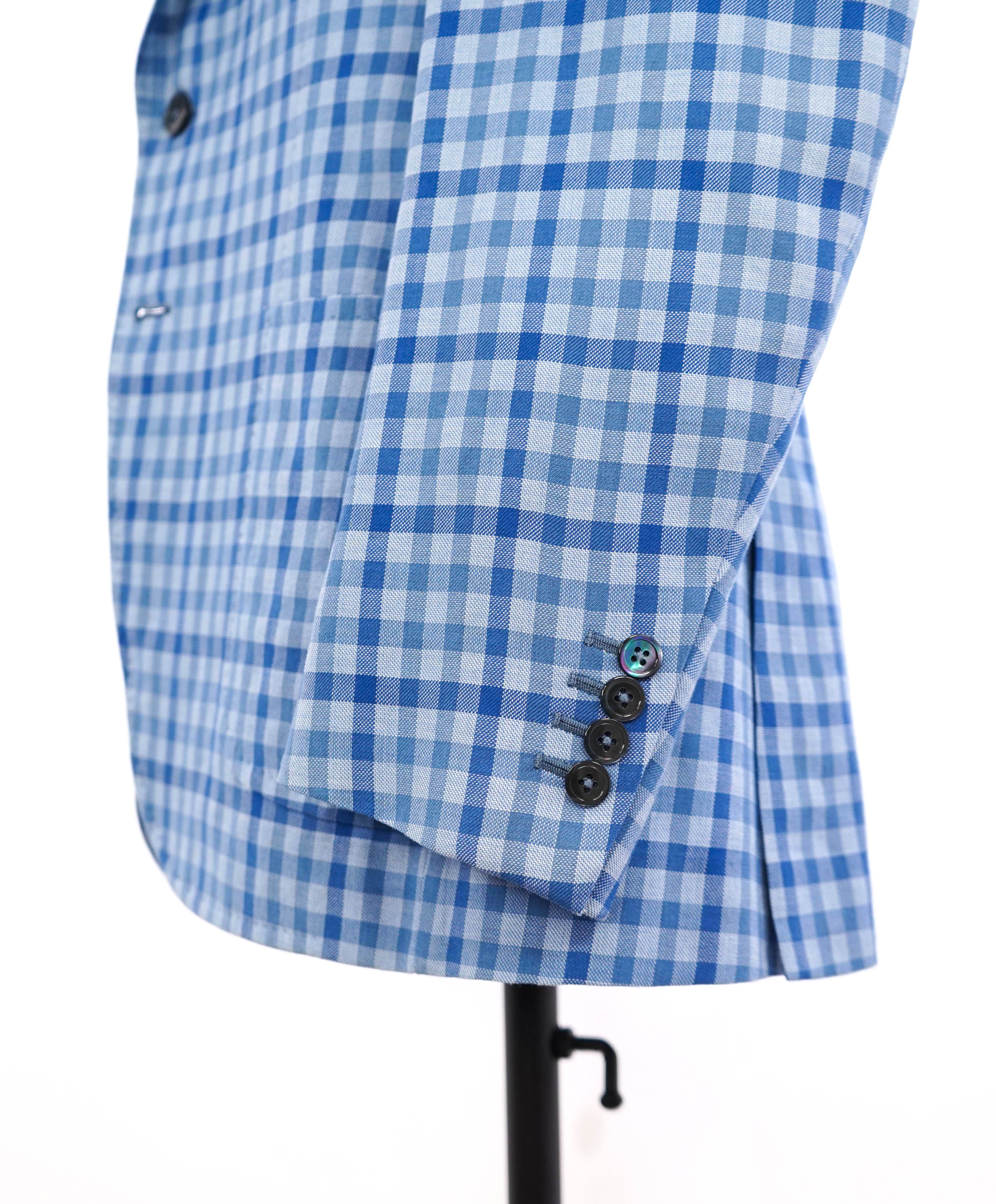 $2,995 ISAIA - Wool/Cotton Baby Blue Gingham Check MOP Blazer - 38R US (50EU)