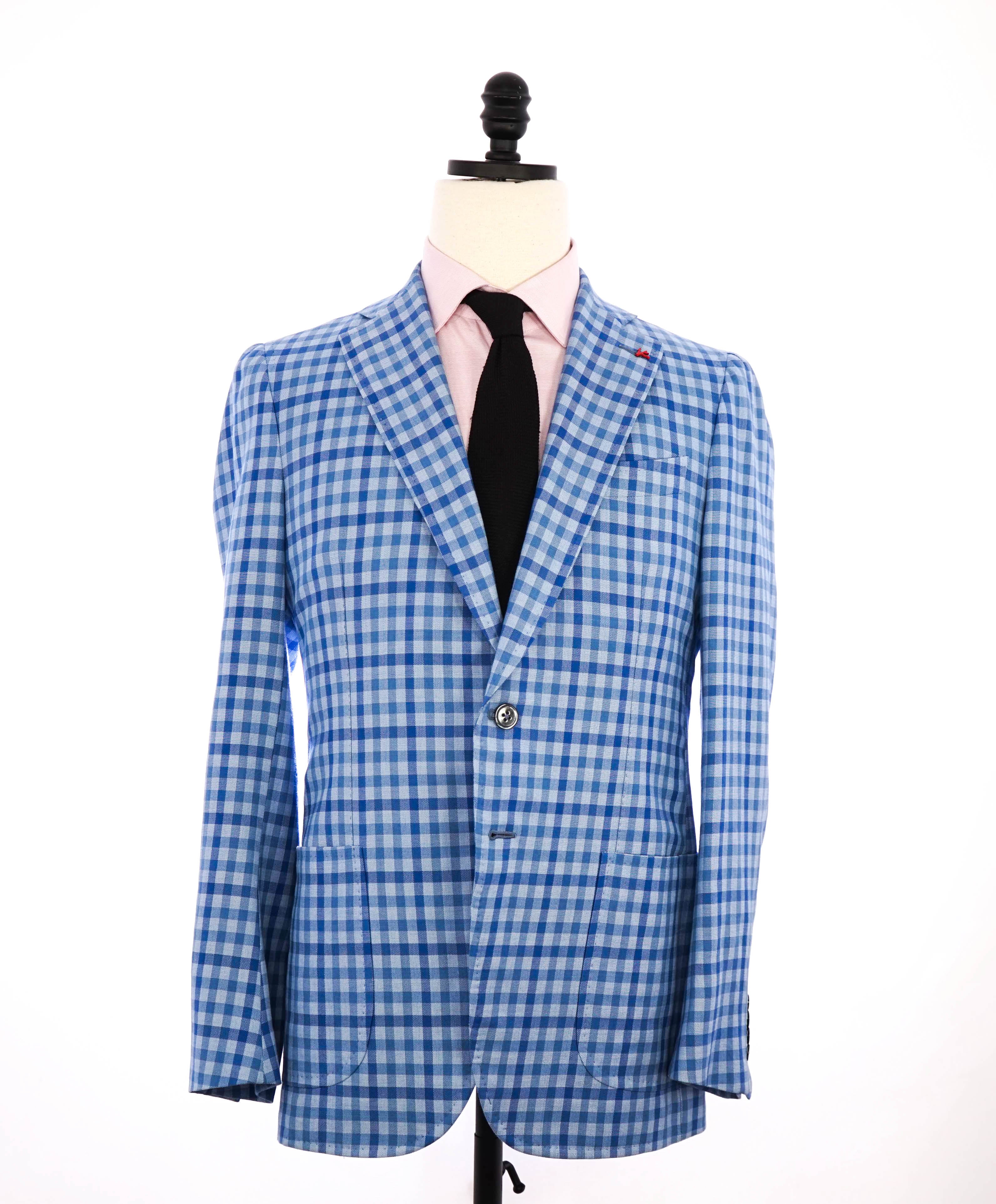 $2,995 ISAIA - Wool/Cotton Baby Blue Gingham Check MOP Blazer - 38R US (50EU)