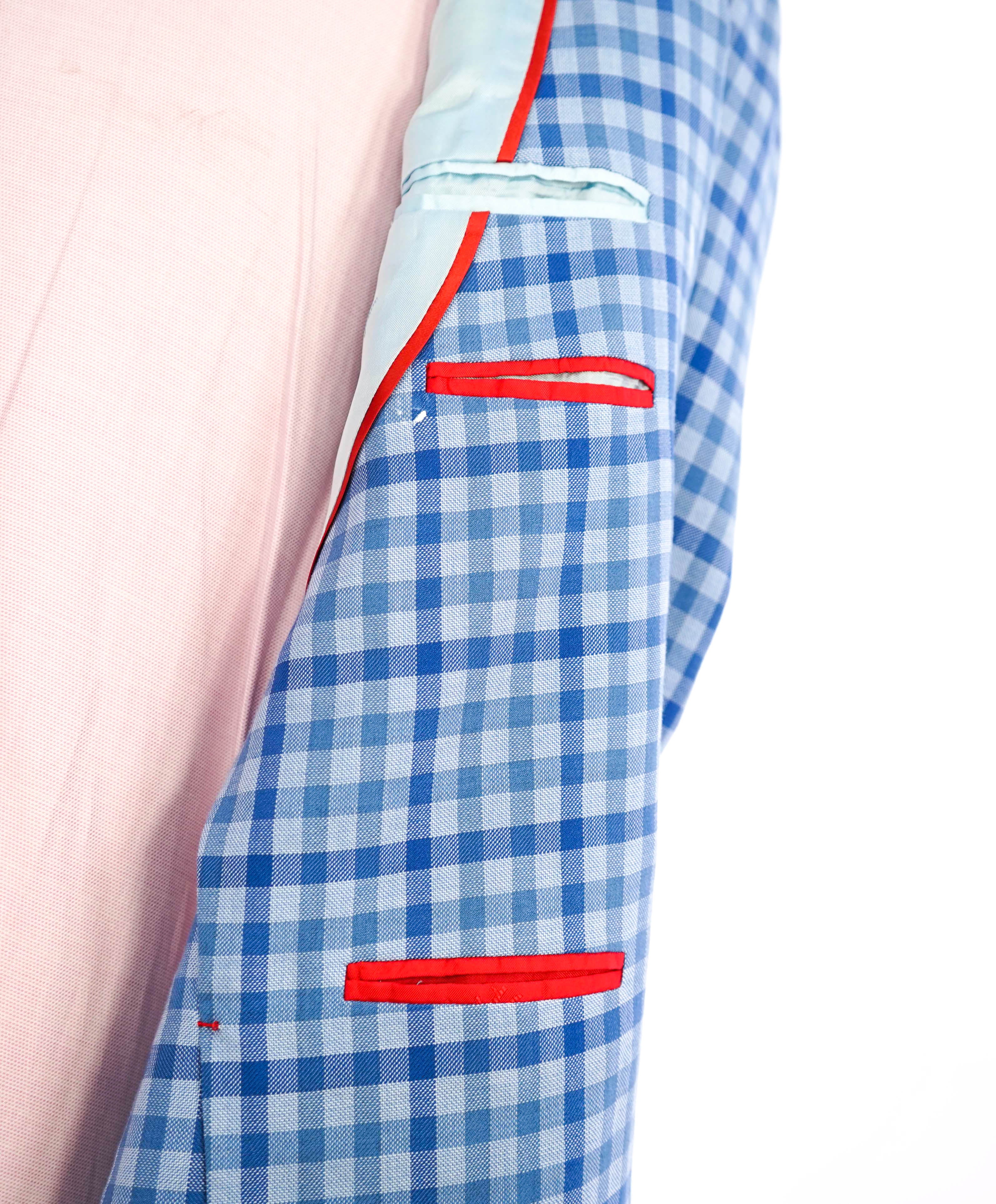 $2,995 ISAIA - Wool/Cotton Baby Blue Gingham Check MOP Blazer - 38R US (50EU)