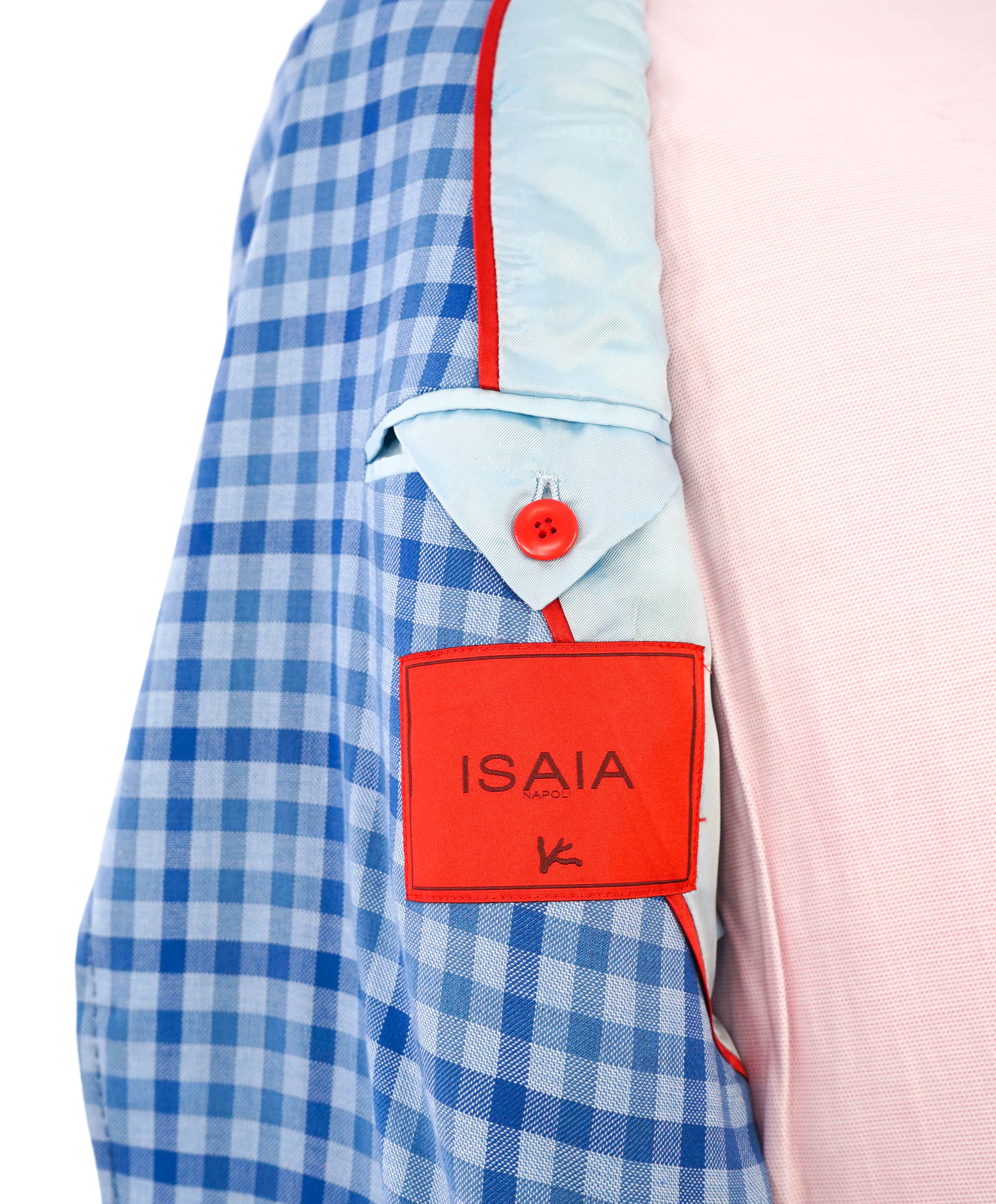 $2,995 ISAIA - Wool/Cotton Baby Blue Gingham Check MOP Blazer - 38R US (50EU)