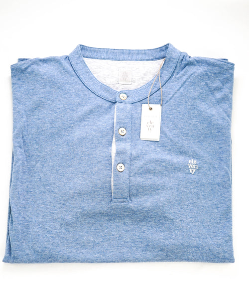 $395 ELEVENTY - Logo COTTON/LINEN Henley T-Shirt Blue/White - XL