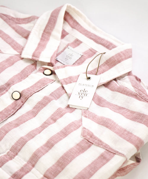$395 ELEVENTY - Red/Pink White LINEN Broad Stripe SNAP Front Shirt - M