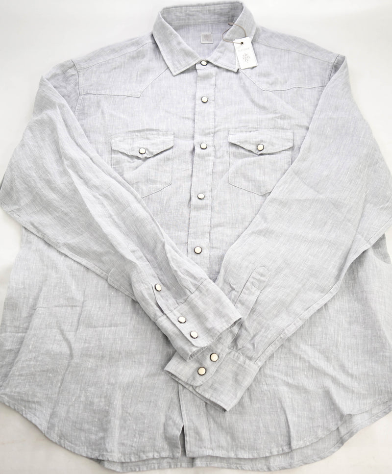 $495 ELEVENTY - *SNAP FRONT* Pure LINEN Gray Dress Shirt - 3XL (17.5)