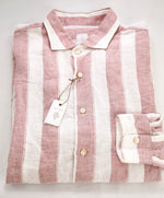 $395 ELEVENTY - Red/Pink White LINEN Broad Stripe Button Front Shirt - XXL