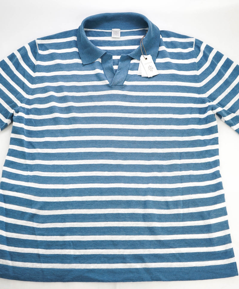 $575 ELEVENTY - Linen/Cotton Blue Sweater Polo Short Sleeve T - M