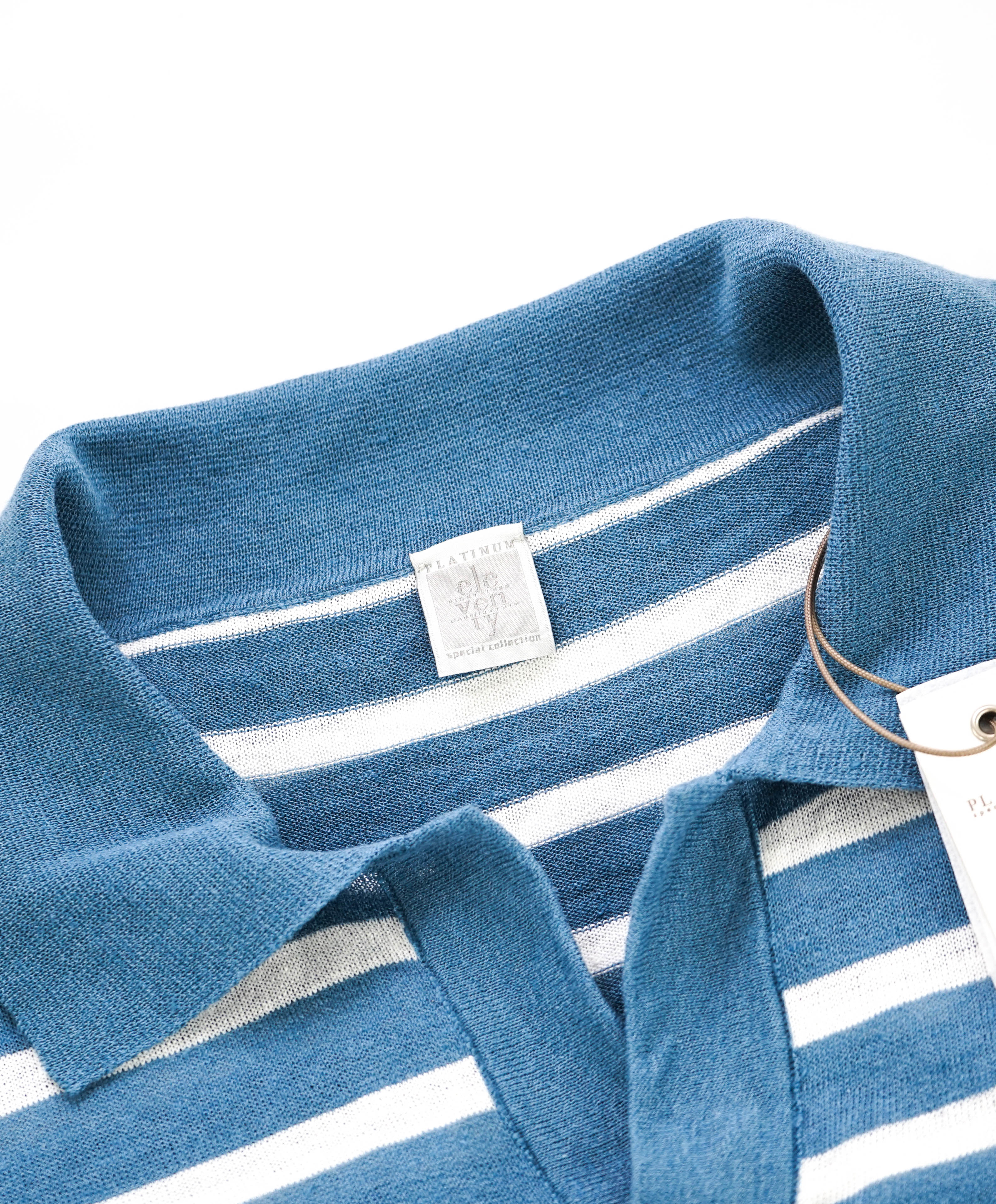 $575 ELEVENTY - Linen/Cotton Blue Sweater Polo Short Sleeve T - XL