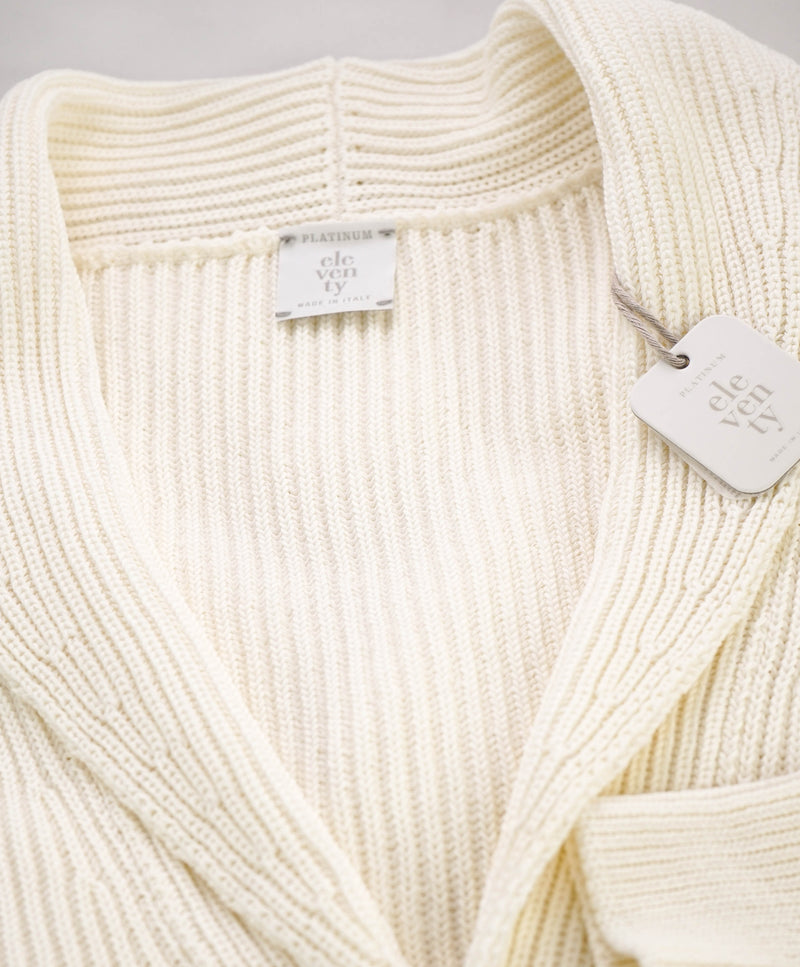$1,045 ELEVENTY - Ivory Cotton Shawl Collar Cardigan Ribbed Sweater - M
