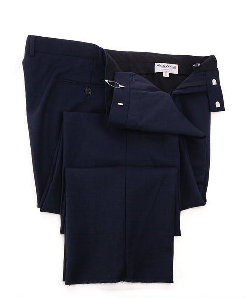 HARDY AMIES - "Brinsley Slim Fit" Navy Birdseye Flat Front Dress Pants - 40W