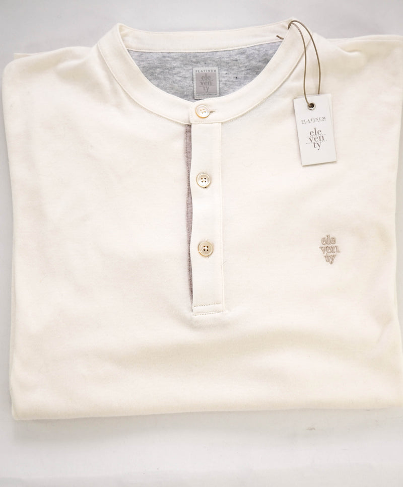 $395 ELEVENTY - Logo COTTON/LINEN Henley T-Shirt Ivory - XL