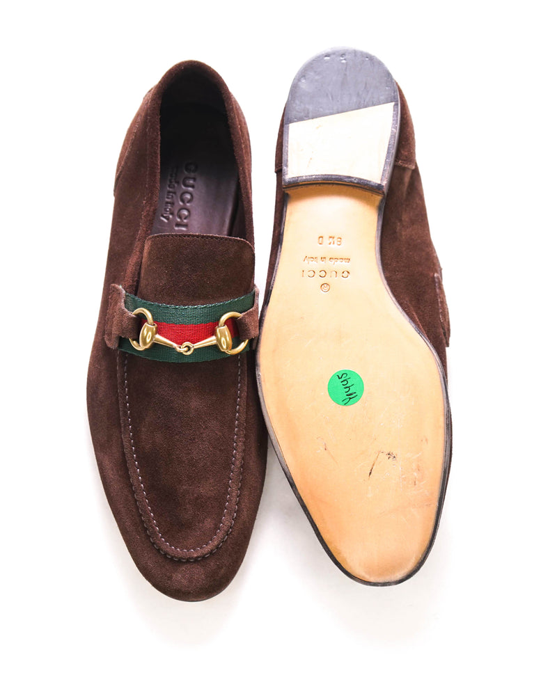 $920 GUCCI - WEB Brown Suede ICONIC WEB Horsebit Leather Loafers - 9US (8.5G)
