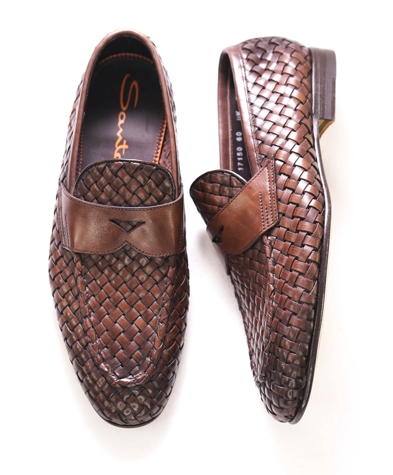 $1,080 SANTONI - Brown Hand Antiqued Woven Leather Penny Loafers- 8.5 US (7.5UK)