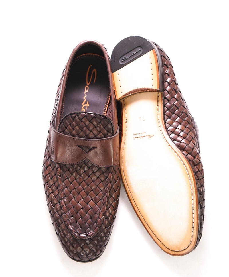$1,080 SANTONI - Brown Hand Antiqued Woven Leather Penny Loafers- 8.5 US (7.5UK)
