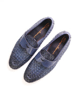 $1,080 SANTONI - Blue Hand Antiqued Woven Leather Penny Loafers- 9 US (8 UK)