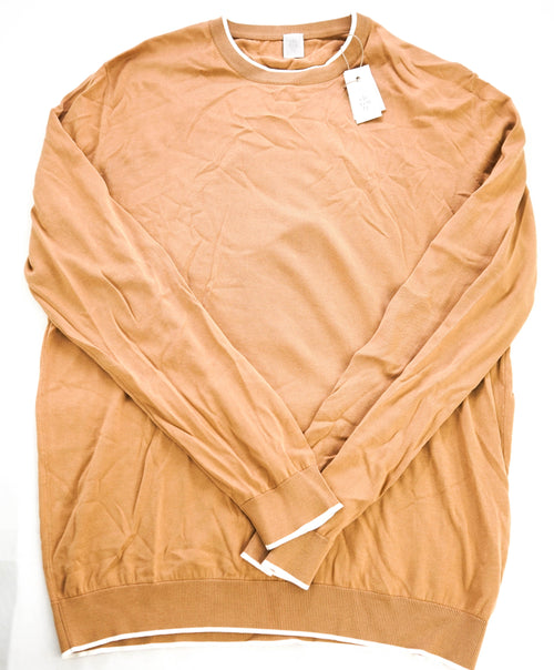 $795 ELEVENTY - *COTTON* Camel Ivory Tipped Crewneck Sweater - XL